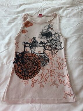Women’s Cream Graphic Tank Top with Rust and Black Print